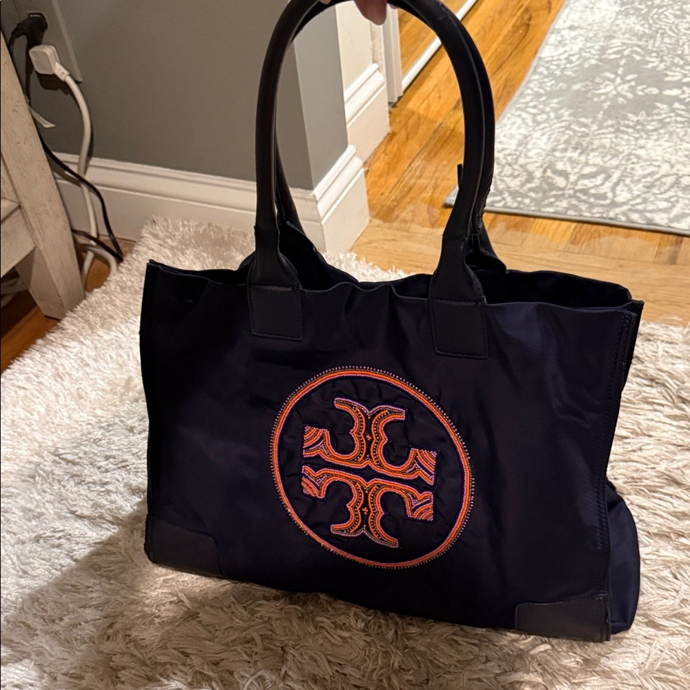 Navy Blue Tote Bag with Orange Accent